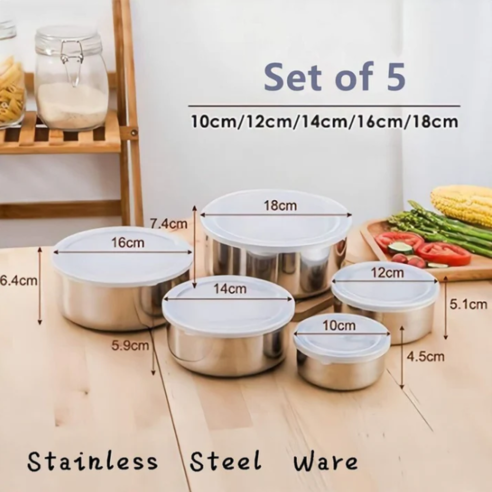 5pcs Stainless Steel Bowl container set, 5 piece round Bowl Steel Mixing or Food Bowl Set with Lid