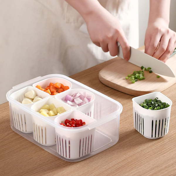 6 Compartment Plastic Fridge Organizer Box With Drain Basket BPA-Free Refrigerator Food Storage Containers