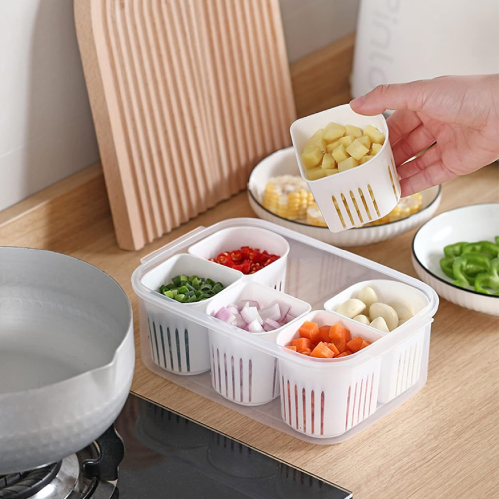 6 Compartment Plastic Fridge Organizer Box With Drain Basket BPA-Free Refrigerator Food Storage Containers