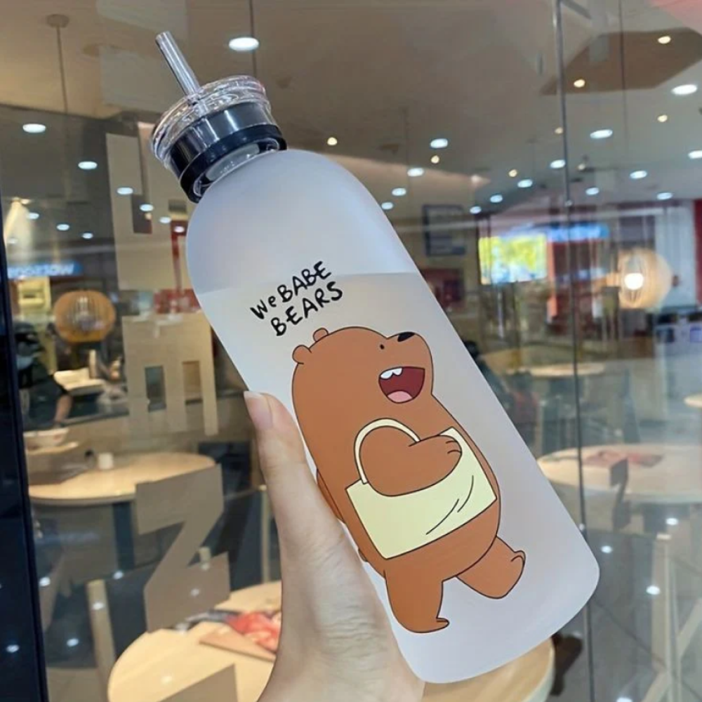 We Bare Bear Frosted Water Bottle - 1000ml Milk Juice Cute Water Bottle Cute Panda Bear Cup Plastic Transparent Frosted Cartoon Waterbottle with Straw