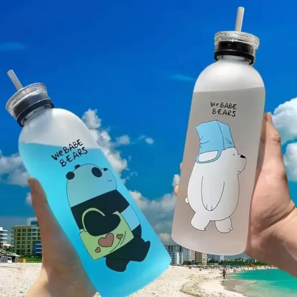 We Bare Bear Frosted Water Bottle - 1000ml Milk Juice Cute Water Bottle Cute Panda Bear Cup Plastic Transparent Frosted Cartoon Waterbottle with Straw