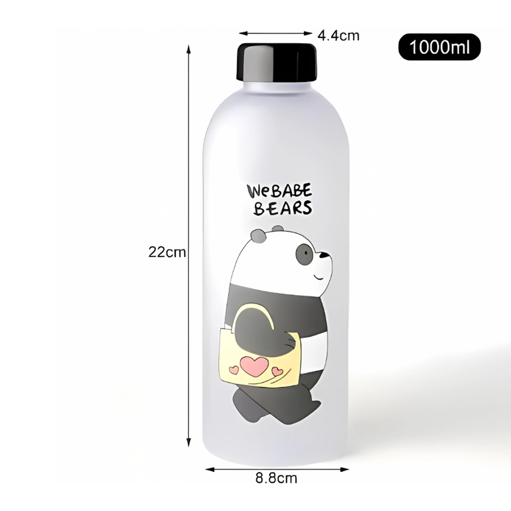 We Bare Bear Frosted Water Bottle - 1000ml Milk Juice Cute Water Bottle Cute Panda Bear Cup Plastic Transparent Frosted Cartoon Waterbottle with Straw
