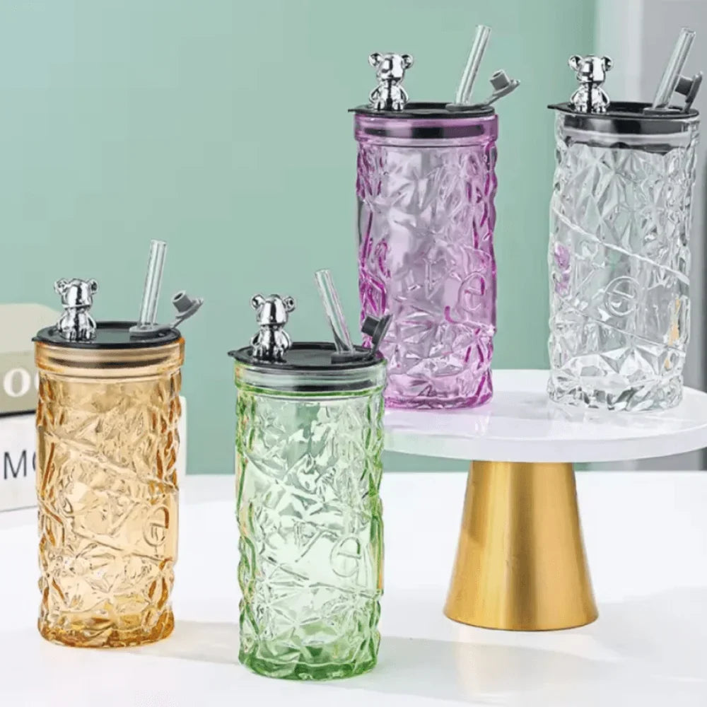 Luxury Bear Cap Transparent Glass Water Cup