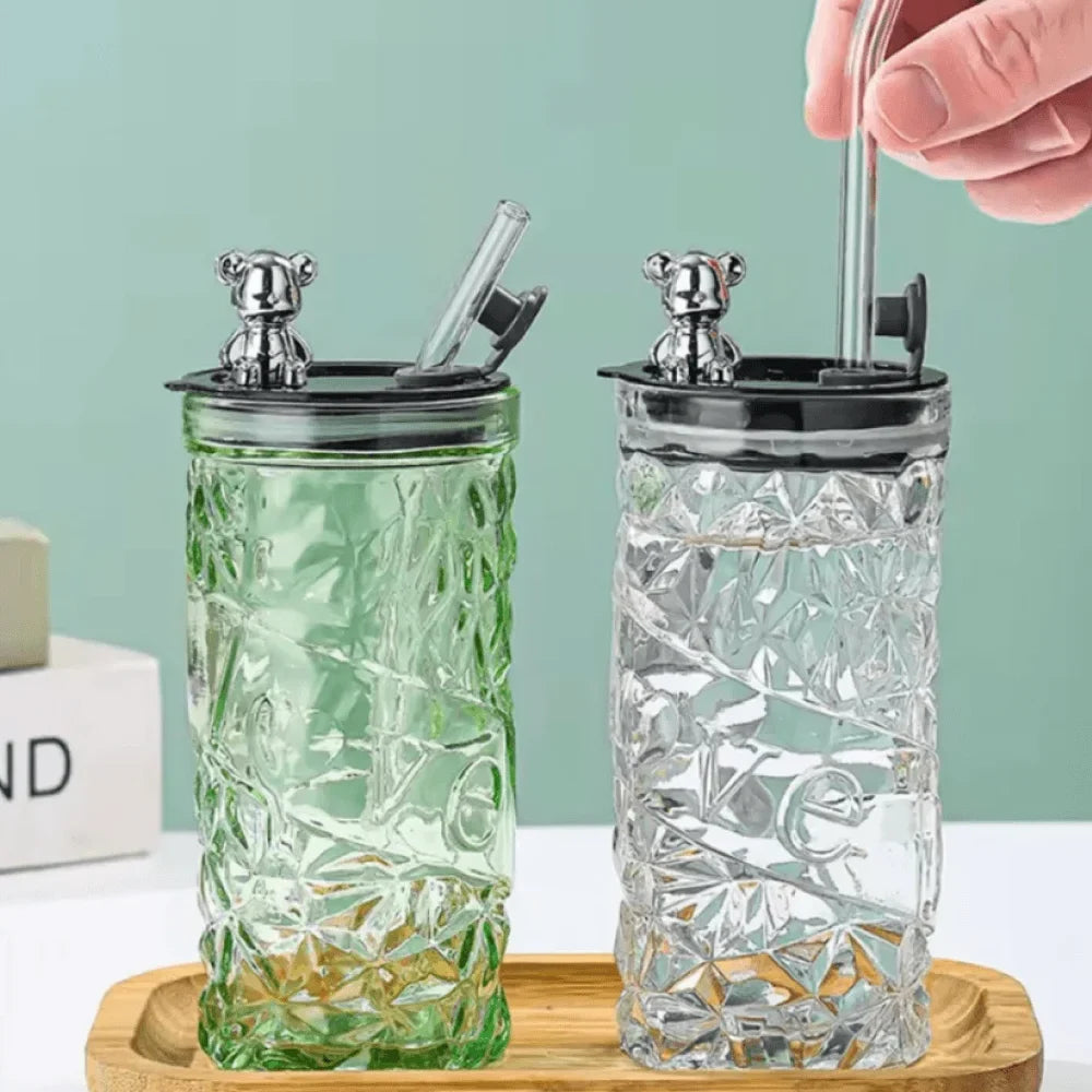 Luxury Bear Cap Transparent Glass Water Cup
