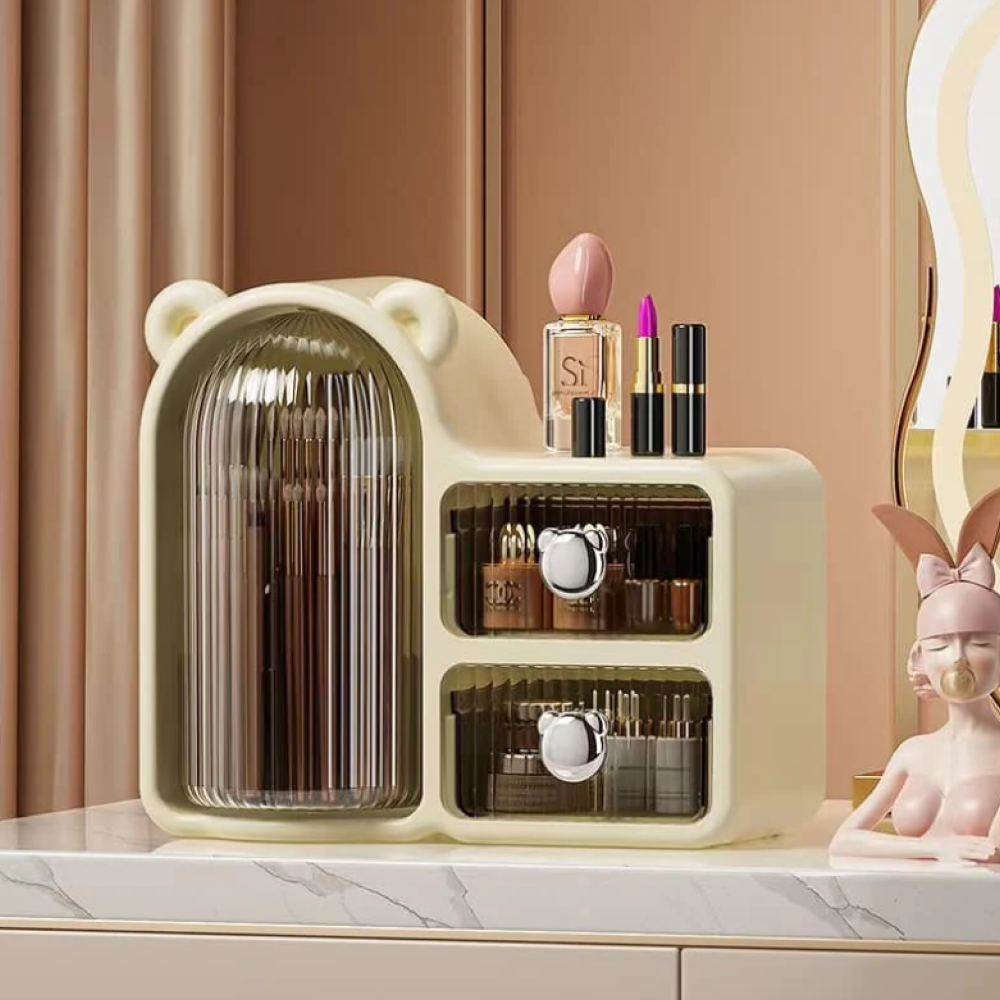Rotating Bear Makeup Organizer Stylish Makeup Plastic Storage Box with Drawers Dust Proof Vanity Desktop Case