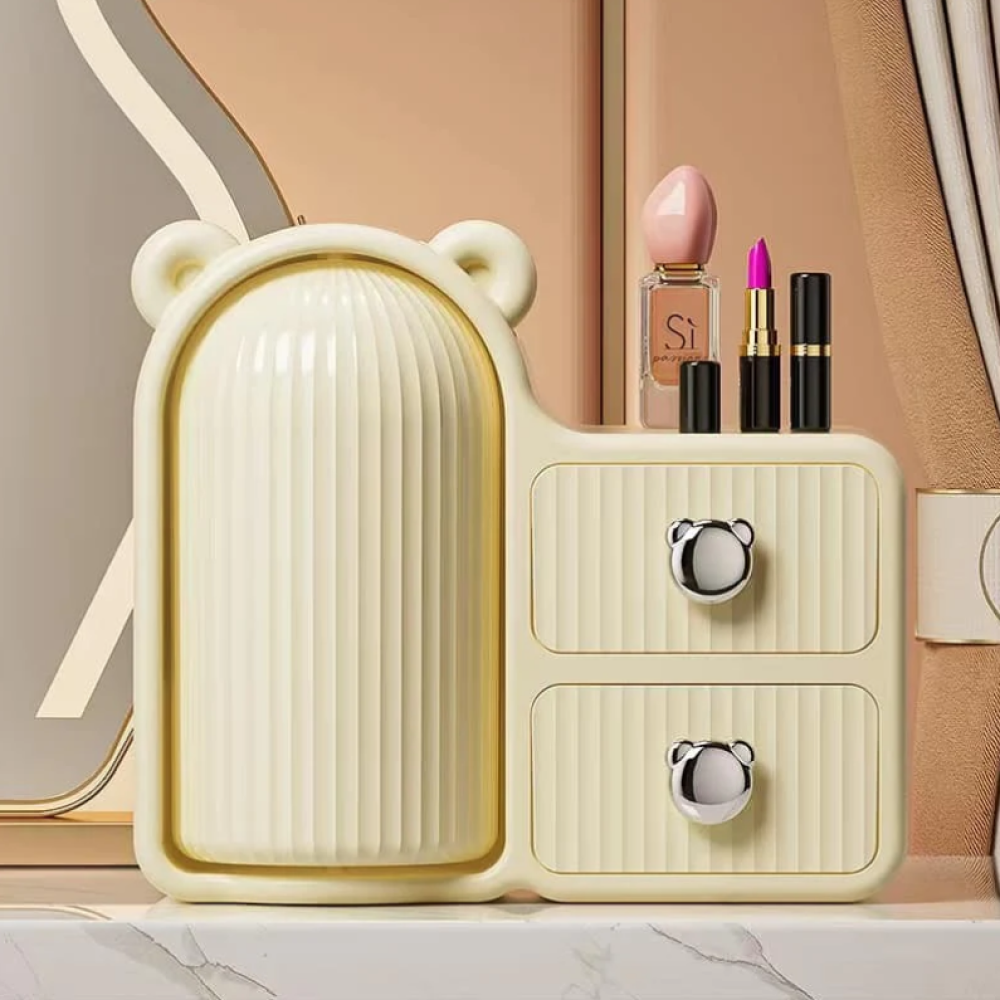 Rotating Bear Makeup Organizer Stylish Makeup Plastic Storage Box with Drawers Dust Proof Vanity Desktop Case