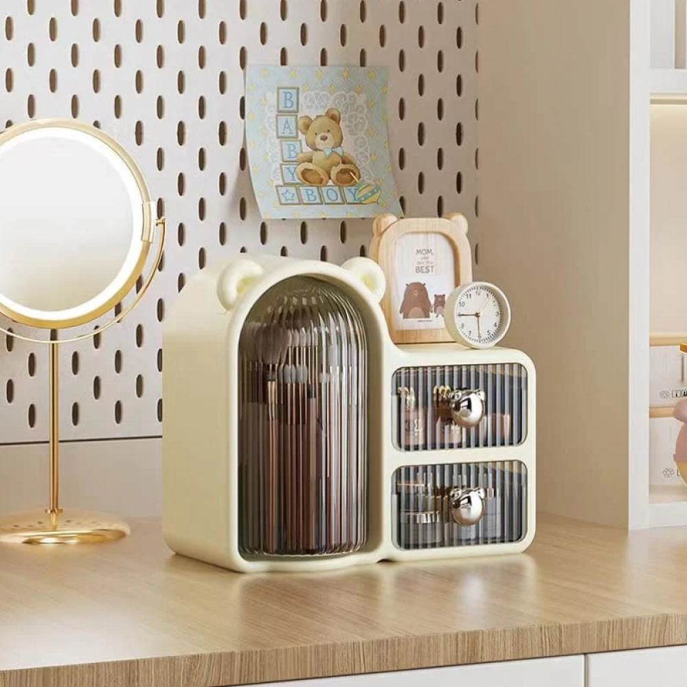 Rotating Bear Makeup Organizer Stylish Makeup Plastic Storage Box with Drawers Dust Proof Vanity Desktop Case
