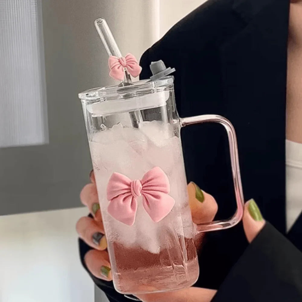 Square Bow Glass Cup With Lid And Straw