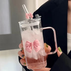 Square Bow Glass Cup With Lid And Straw