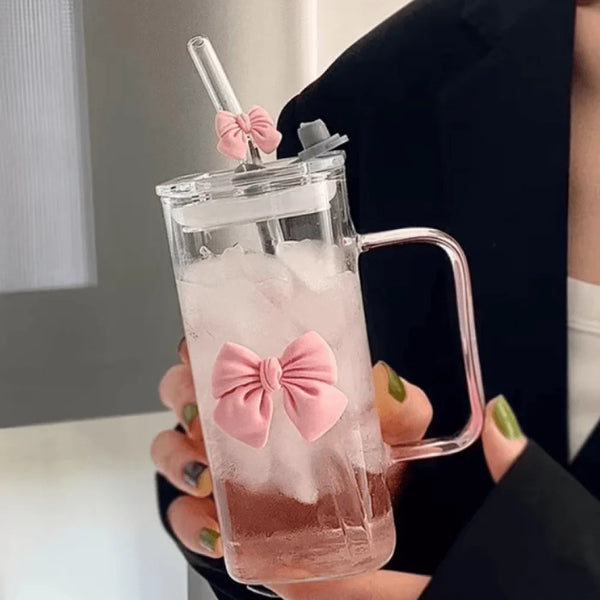 Square Bow Glass Cup With Lid And Straw