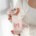 Square Bow Glass Cup With Lid And Straw