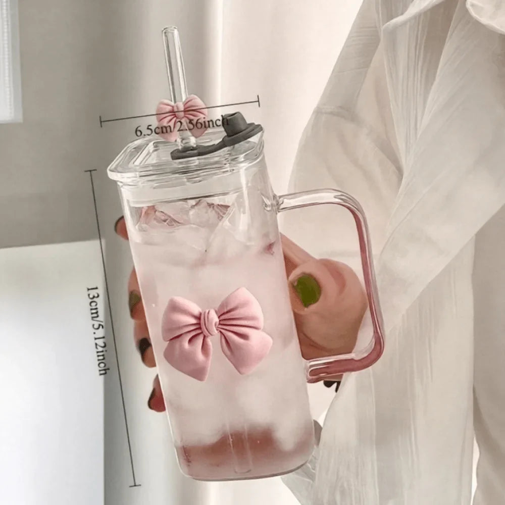 Square Bow Glass Cup With Lid And Straw