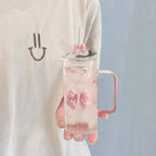 Square Bow Glass Cup With Lid And Straw