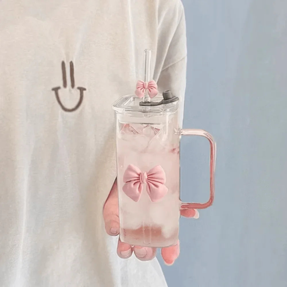 Square Bow Glass Cup With Lid And Straw