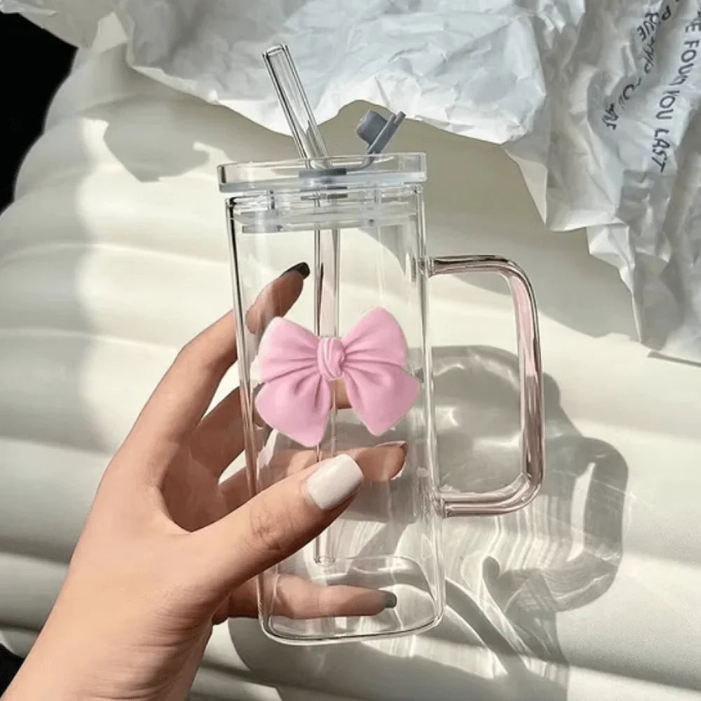 Square Bow Glass Cup With Lid And Straw