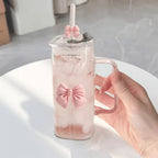 Square Bow Glass Cup With Lid And Straw