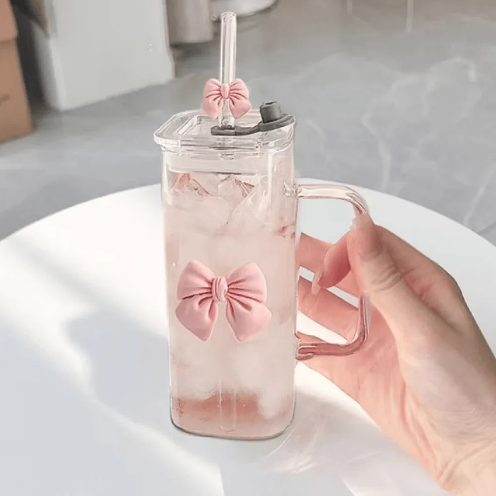 Square Bow Glass Cup With Lid And Straw