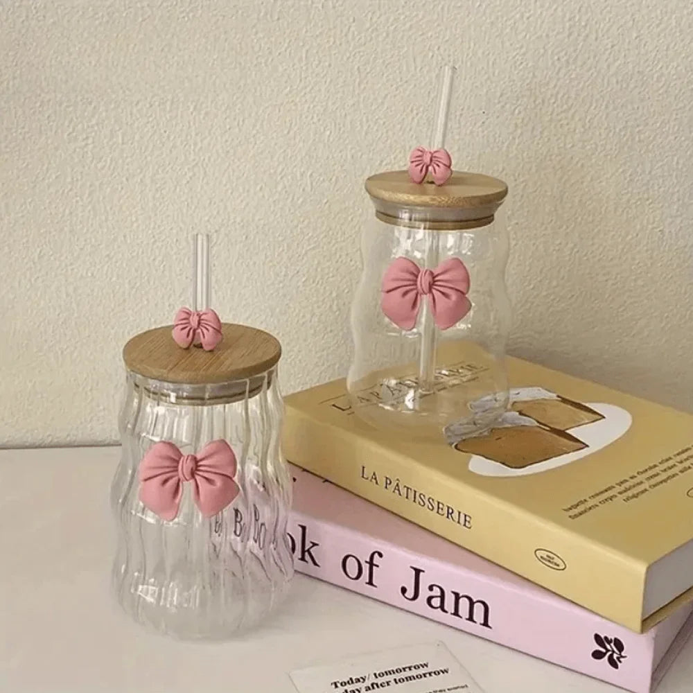 Curvy Glass Tumbler Set with Bow Charms – Aesthetic Iced Coffee & Juice Cups with Bamboo Lid and Glass Straw