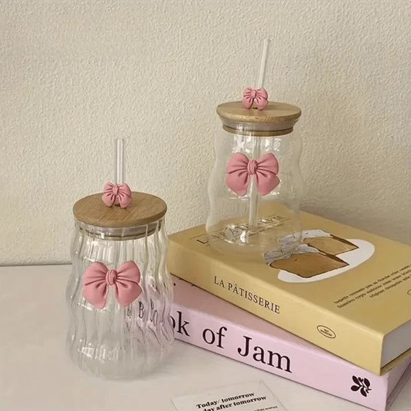 Curvy Glass Tumbler Set with Bow Charms – Aesthetic Iced Coffee & Juice Cups with Bamboo Lid and Glass Straw