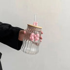 Curvy Glass Tumbler Set with Bow Charms – Aesthetic Iced Coffee & Juice Cups with Bamboo Lid and Glass Straw