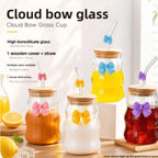 Curvy Glass Tumbler Set with Bow Charms – Aesthetic Iced Coffee & Juice Cups with Bamboo Lid and Glass Straw