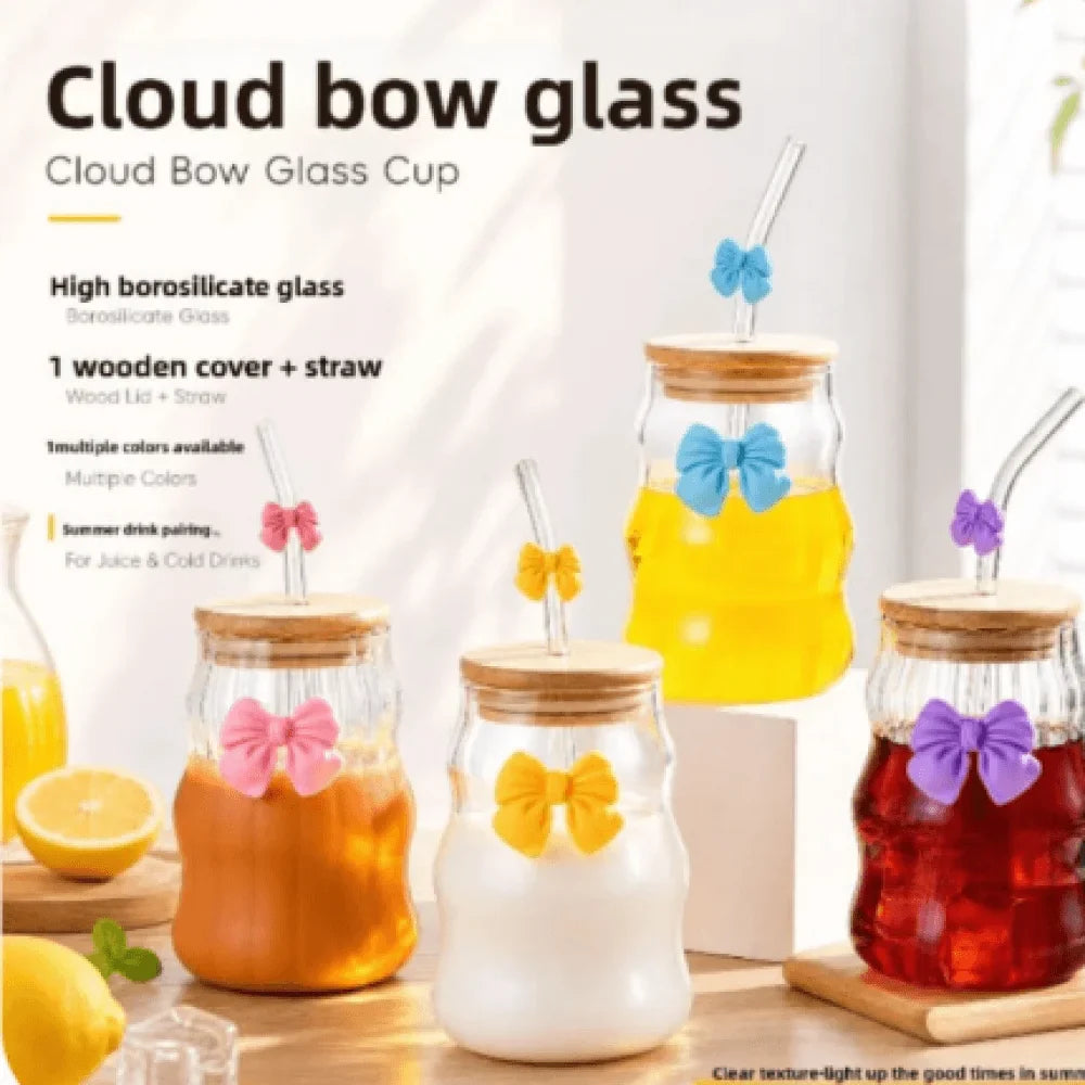 Curvy Glass Tumbler Set with Bow Charms – Aesthetic Iced Coffee & Juice Cups with Bamboo Lid and Glass Straw
