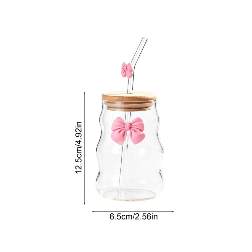 Curvy Glass Tumbler Set with Bow Charms – Aesthetic Iced Coffee & Juice Cups with Bamboo Lid and Glass Straw