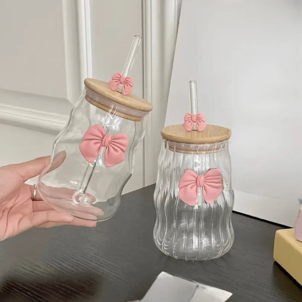 Curvy Glass Tumbler Set with Bow Charms – Aesthetic Iced Coffee & Juice Cups with Bamboo Lid and Glass Straw