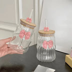 Curvy Glass Tumbler Set with Bow Charms – Aesthetic Iced Coffee & Juice Cups with Bamboo Lid and Glass Straw