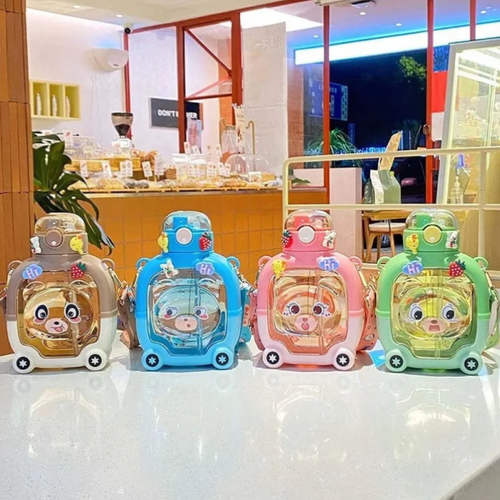 1000ml School Kids Cartoon Water Bottle For Boys and Girls Cute Bear Plastic Water Bottle with Straw BPA Free  for School kids