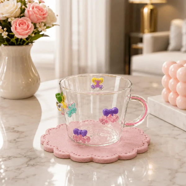 Cute 3D Bow Design Glass Cup, Aesthetic Bow Transparent Glass Mug