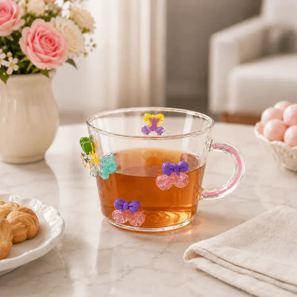 Cute 3D Bow Design Glass Cup, Aesthetic Bow Transparent Glass Mug