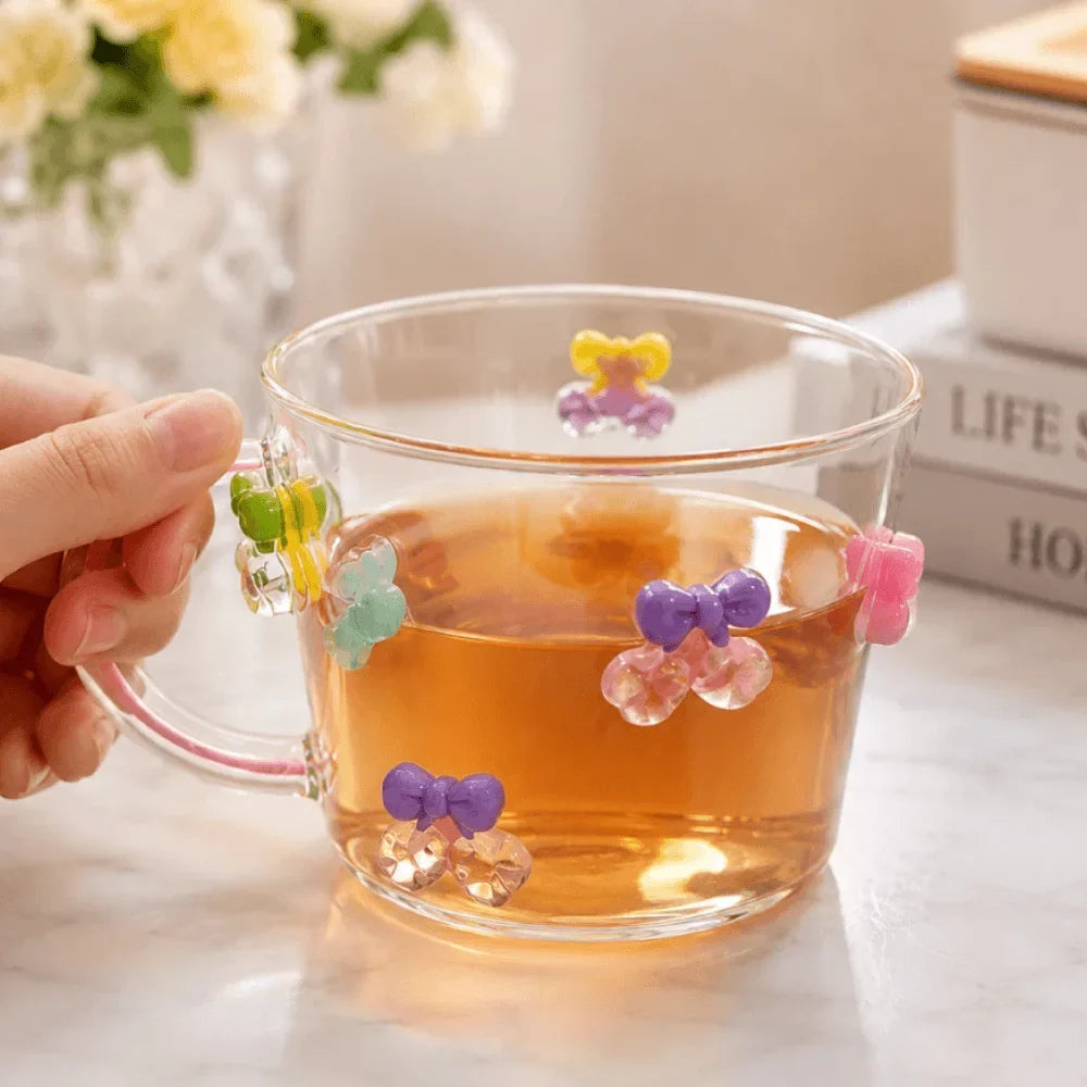Cute 3D Bow Design Glass Cup, Aesthetic Bow Transparent Glass Mug
