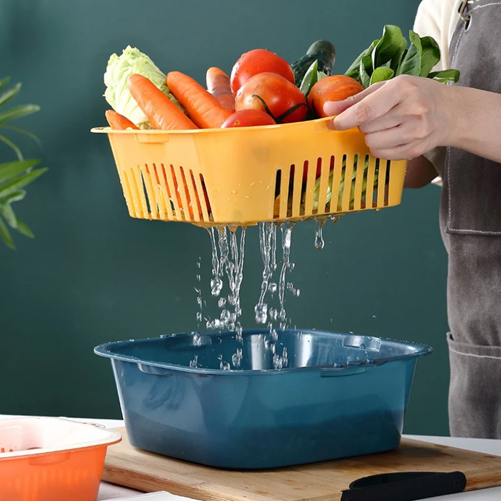 Fresh Strainer Basket, Double-layer Drain Basket with Lid, Multifunction Double layer Draining Storage Basket