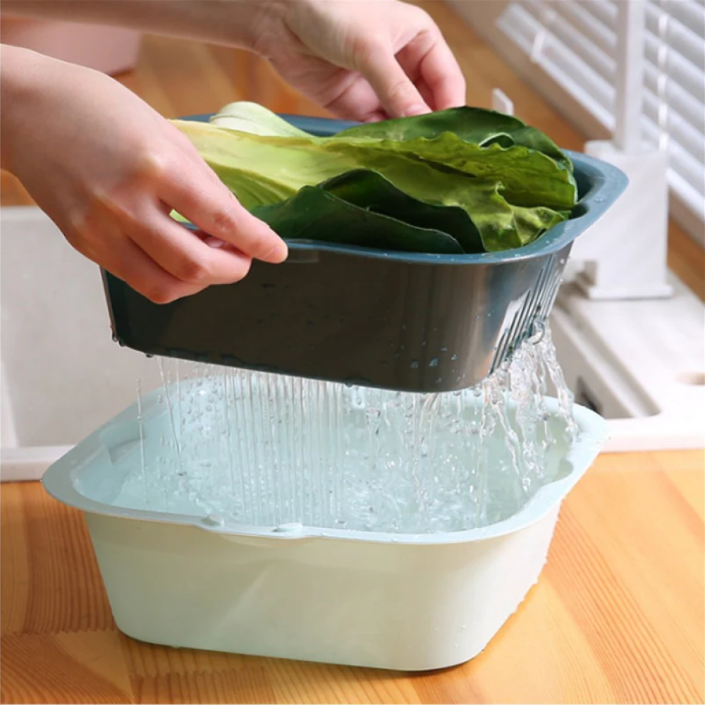 Fresh Strainer Basket, Double-layer Drain Basket with Lid, Multifunction Double layer Draining Storage Basket