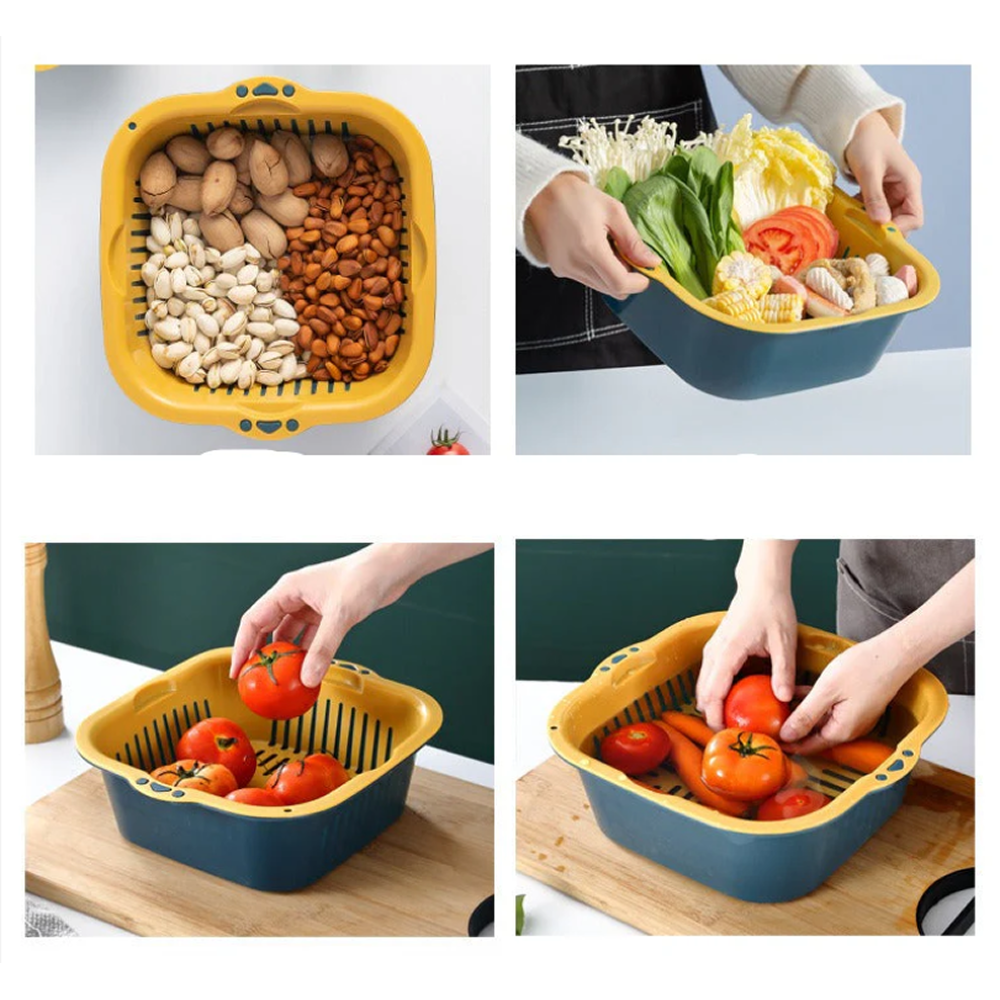 Fresh Strainer Basket, Double-layer Drain Basket with Lid, Multifunction Double layer Draining Storage Basket