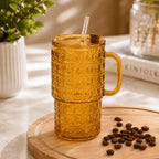 Durable Transparent Glass Water Cup With Handle, Diamond Pattern Glass Drinking Cup