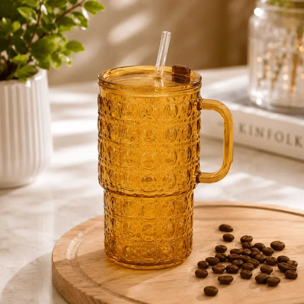 Durable Transparent Glass Water Cup With Handle, Diamond Pattern Glass Drinking Cup