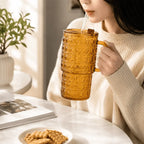 Durable Transparent Glass Water Cup With Handle, Diamond Pattern Glass Drinking Cup