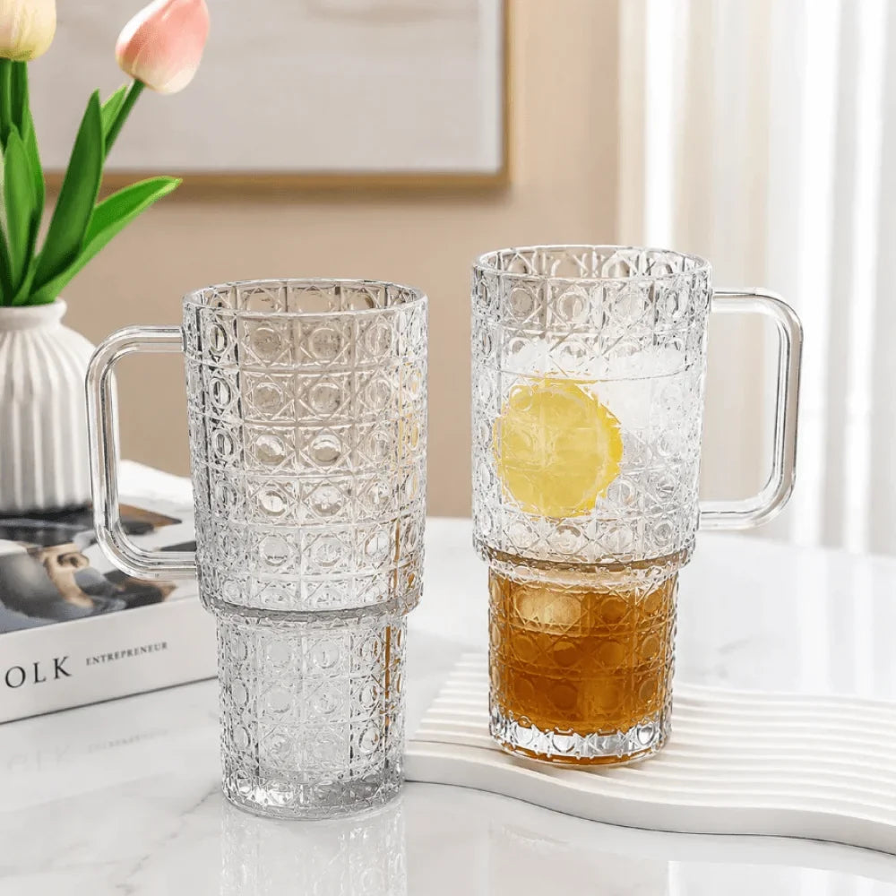 Durable Transparent Glass Water Cup With Handle, Diamond Pattern Glass Drinking Cup