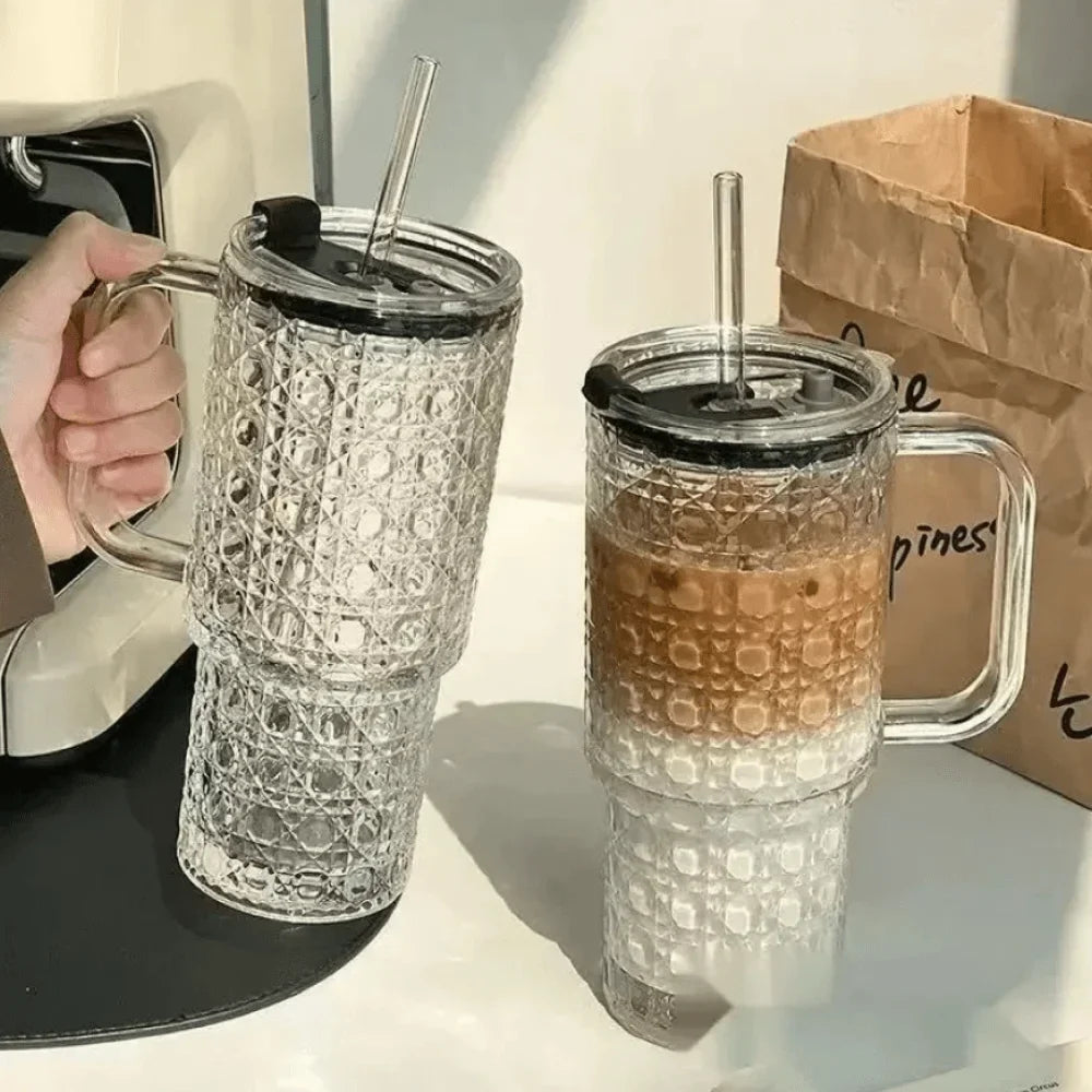 Durable Transparent Glass Water Cup With Handle, Diamond Pattern Glass Drinking Cup