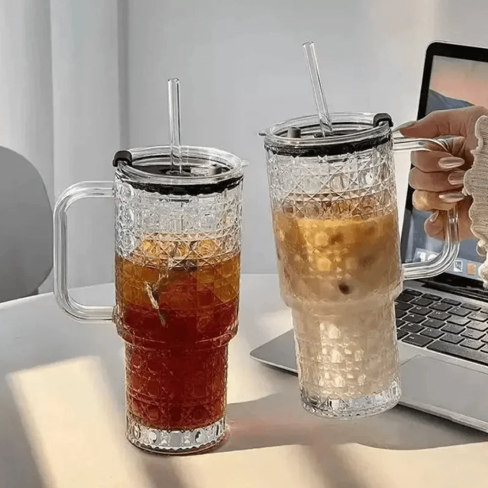 Durable Transparent Glass Water Cup With Handle, Diamond Pattern Glass Drinking Cup