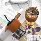 450ml Coffee Glass Mug Cups with Lids and Straws with Leather Cover Sleeve Cup