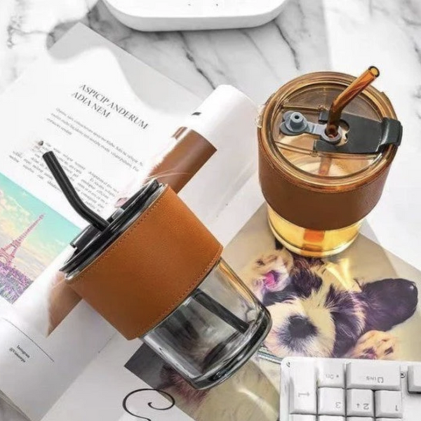 450ml Coffee Glass Mug Cups with Lids and Straws with Leather Cover Sleeve Cup