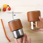 450ml Coffee Glass Mug Cups with Lids and Straws with Leather Cover Sleeve Cup