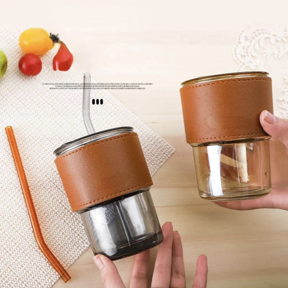 450ml Coffee Glass Mug Cups with Lids and Straws with Leather Cover Sleeve Cup