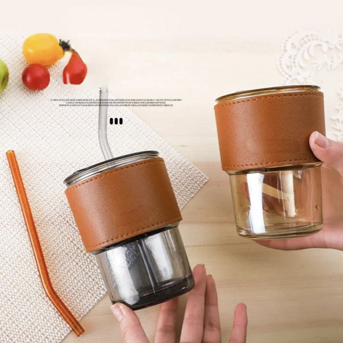 450ml Coffee Glass Mug Cups with Lids and Straws with Leather Cover Sleeve Cup