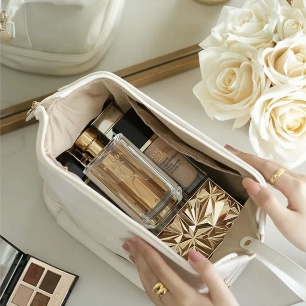 Travel Makeup Bag, Double Layer Waterproof Leather Cosmetic Bag, Large Makeup Bag