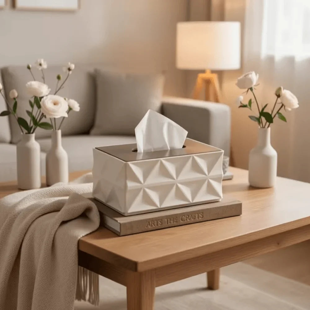 Modern Geometric Tissue Box Cover with Wooden Finish Lid
