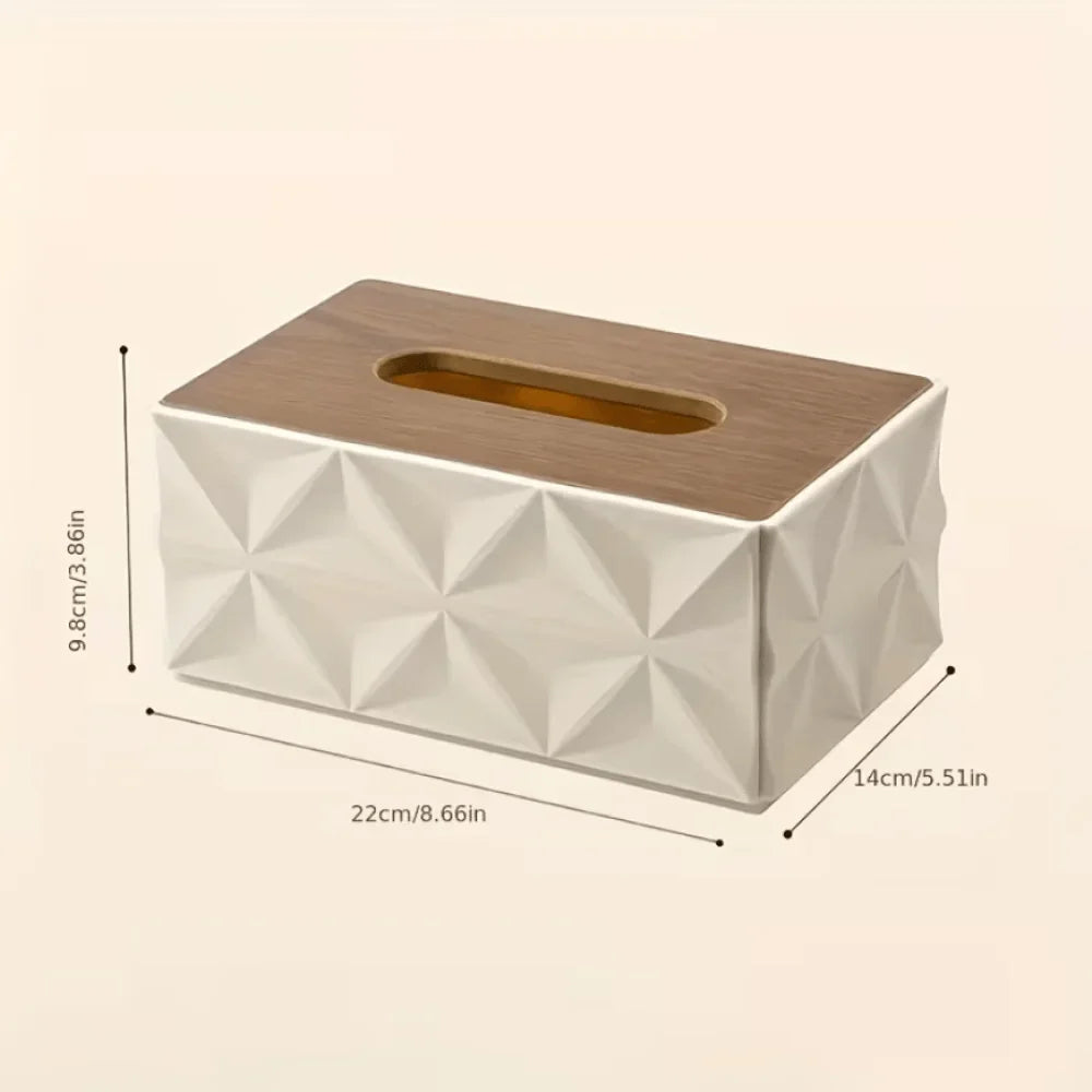 Modern Geometric Tissue Box Cover with Wooden Finish Lid